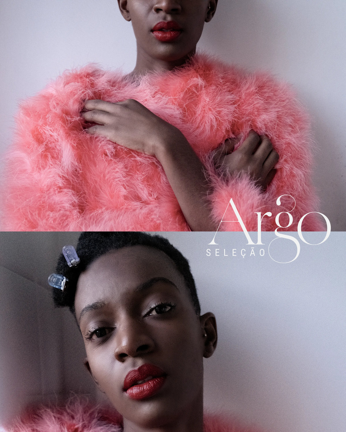 Argo Seleção: modelos com casaco de pelúcia rosa e batom vermelho