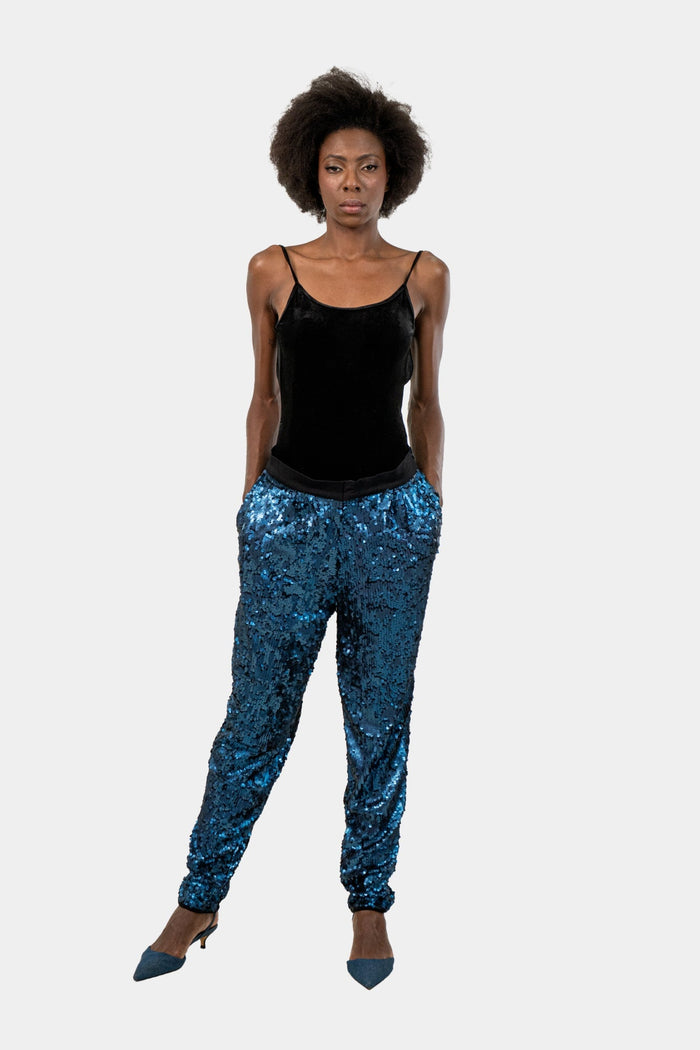 Calça Azul Paetê Calça Garimpo Adda