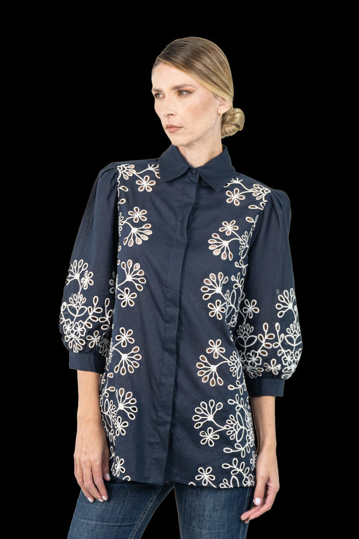 Camisa Azul Bordada Camisa Marie Mercië
